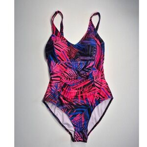 Aidonger One Piece Swimsuit Pink Blue Tropical Palm Leaf Ruched Size M NWT